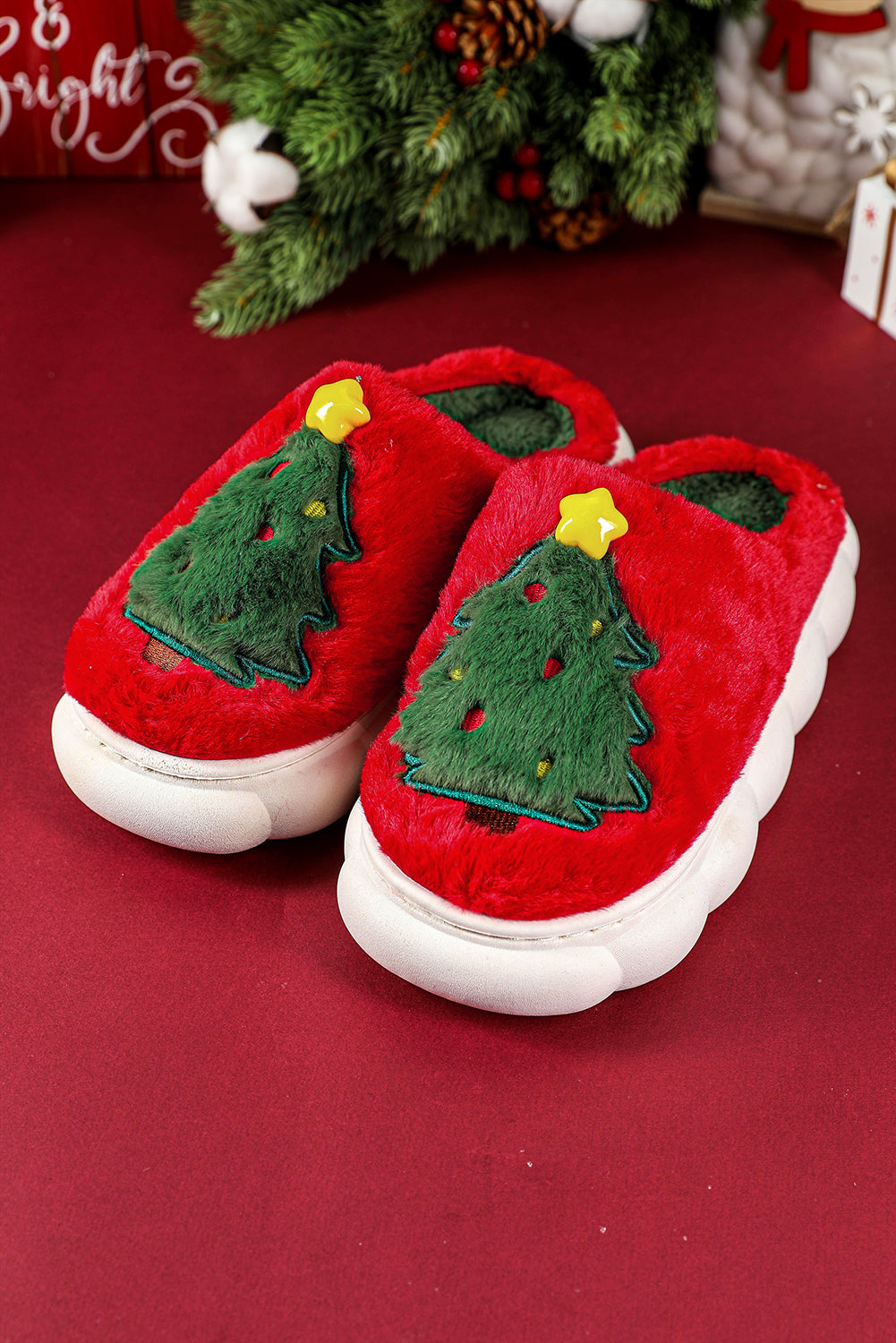 Fiery Red Christmas Tree Graphic Thick Sole Plush Slippers Slippers JT's Designer Fashion