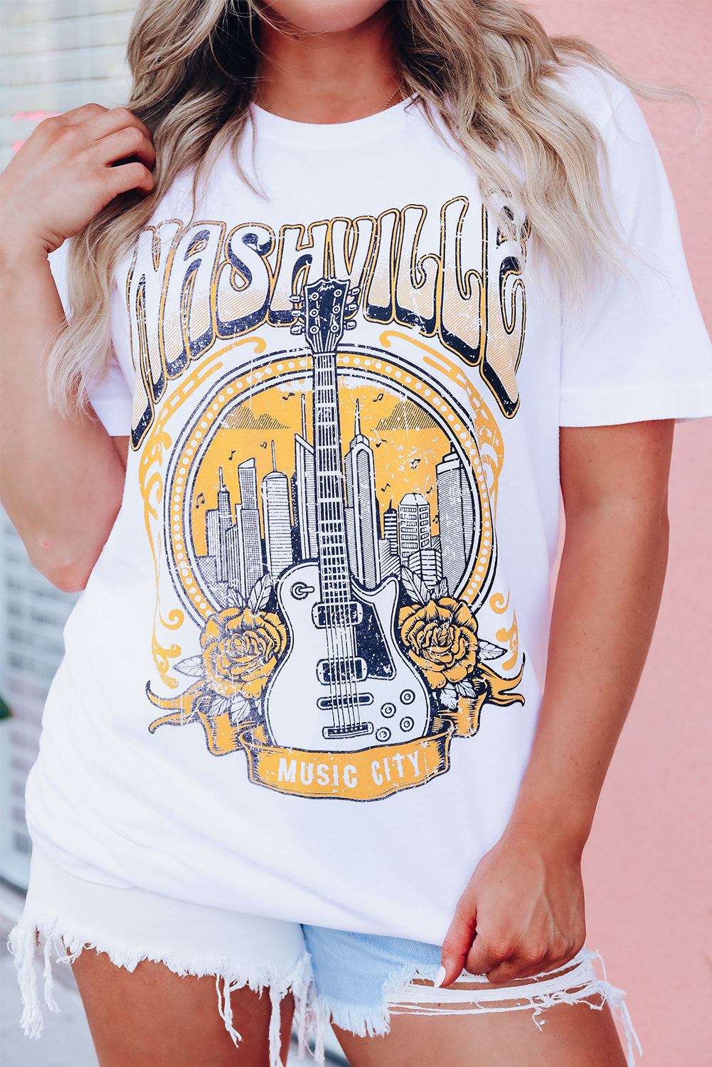 White Music City NASHVILLE Guitar Graphic T Shirt White 95%Polyester+5%Elastane Graphic Tees JT's Designer Fashion