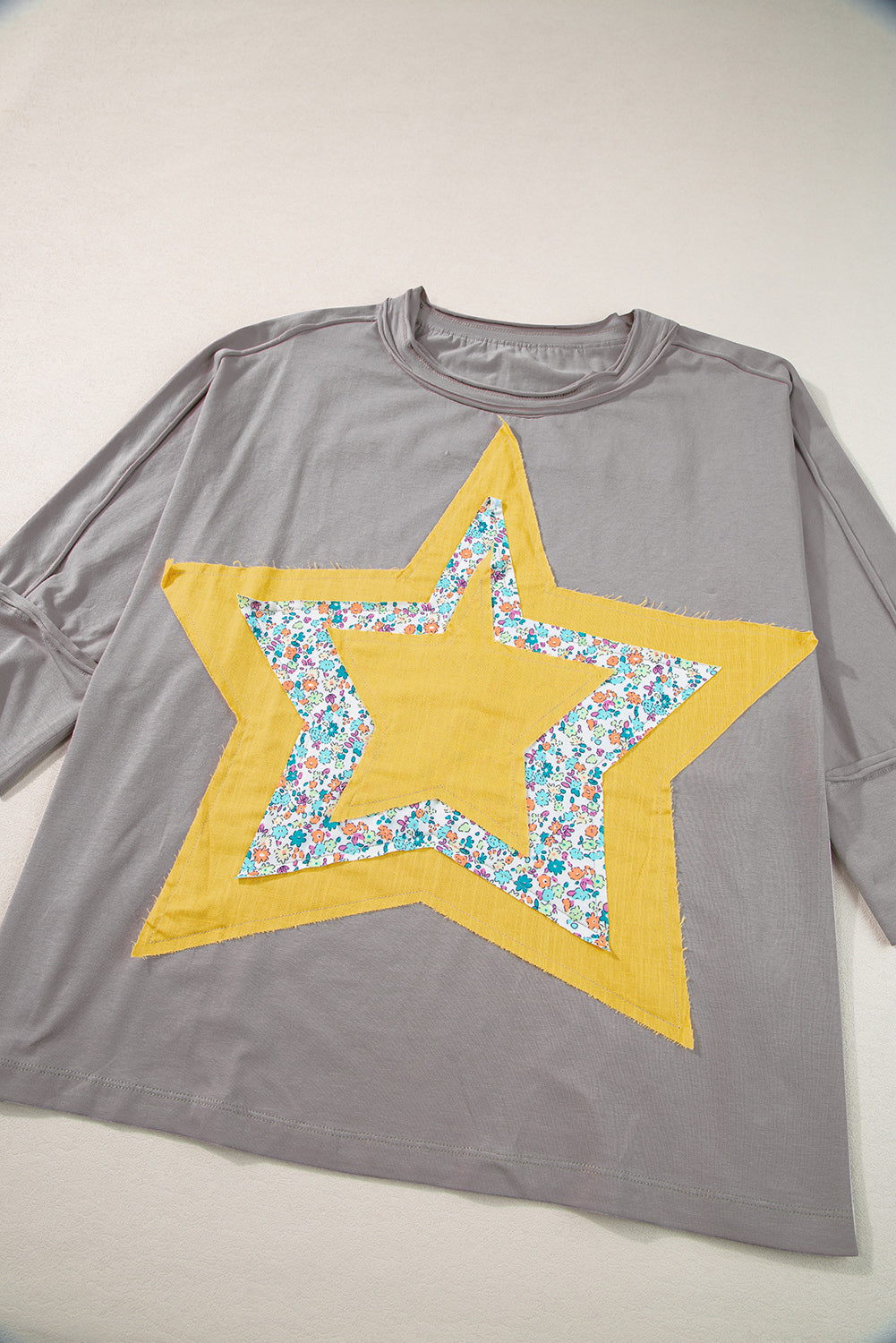 Medium Grey Floral Starbust Exposed Seam Mineral Wash Top Long Sleeve Tops JT's Designer Fashion