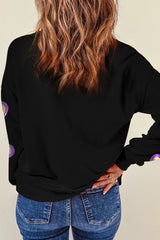 Black Mardi Gras Heart Print Crew Neck Sweatshirt Graphic Sweatshirts JT's Designer Fashion