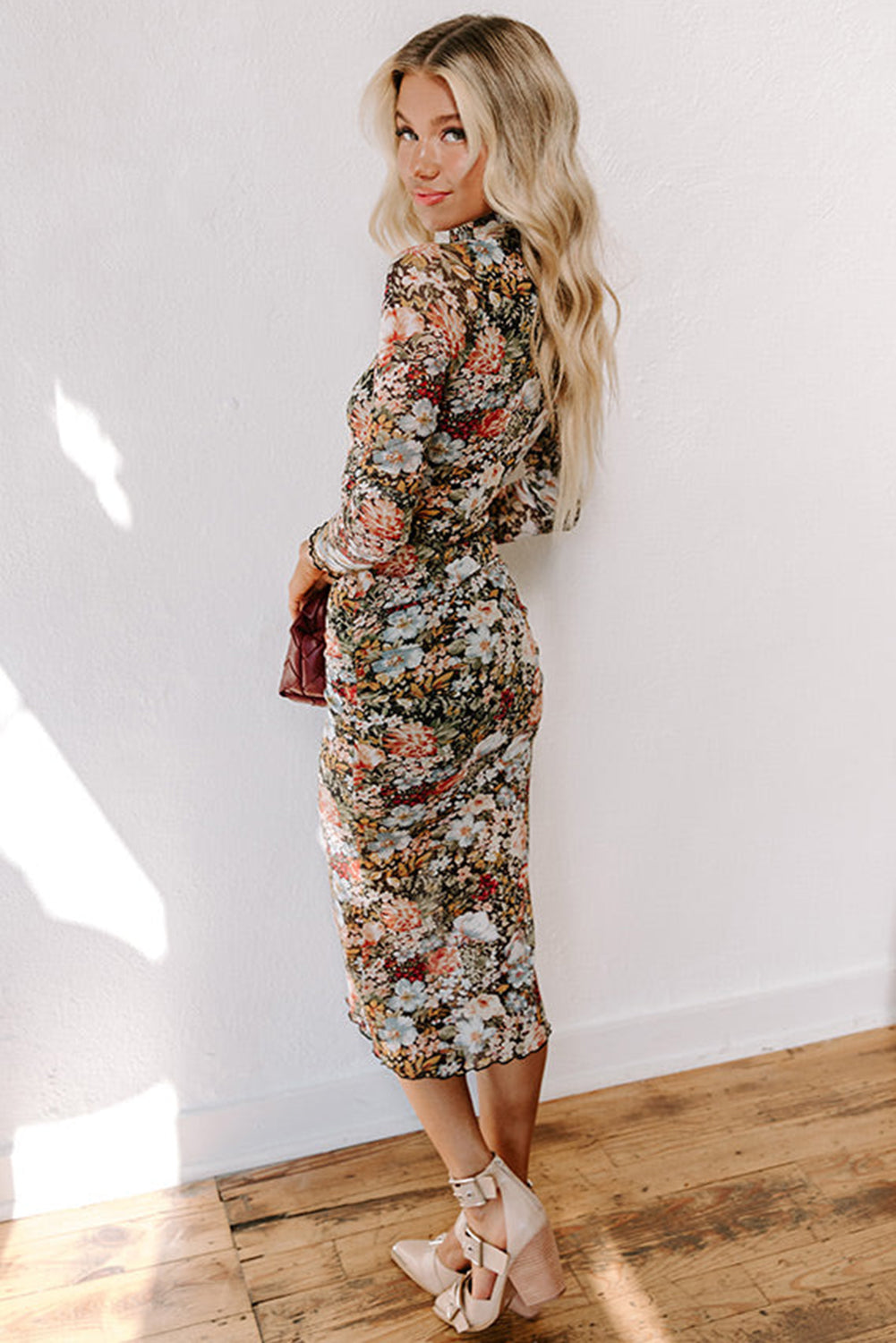 Brown Floral Allover Print Mock Neck Bodycon Long Sleeve Midi Dress Floral Dresses JT's Designer Fashion