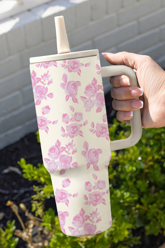 White Flower Print Handle Insulated Large Tumbler 40oz Tumblers JT's Designer Fashion
