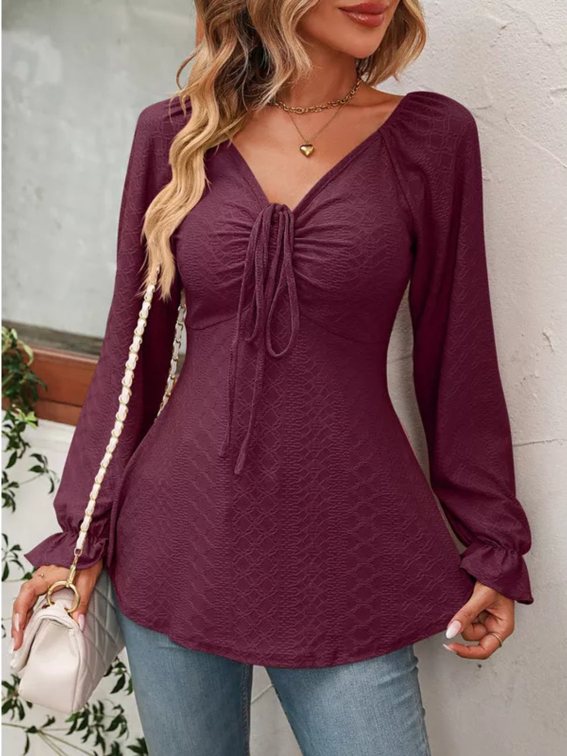 Full Size Drawstring Ruffled V-Neck Long Sleeve Blouse Long Sleeve Tops JT's Designer Fashion