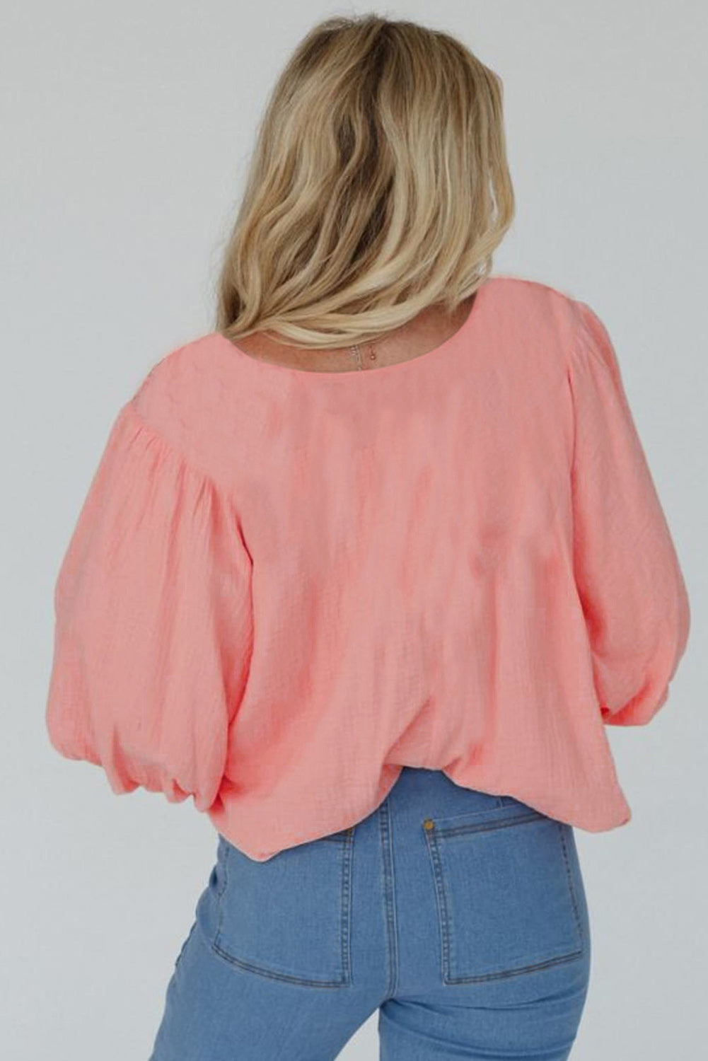 Apricot Pink Geometric Embroidered V Neck Puff Sleeve Blouse Blouses & Shirts JT's Designer Fashion