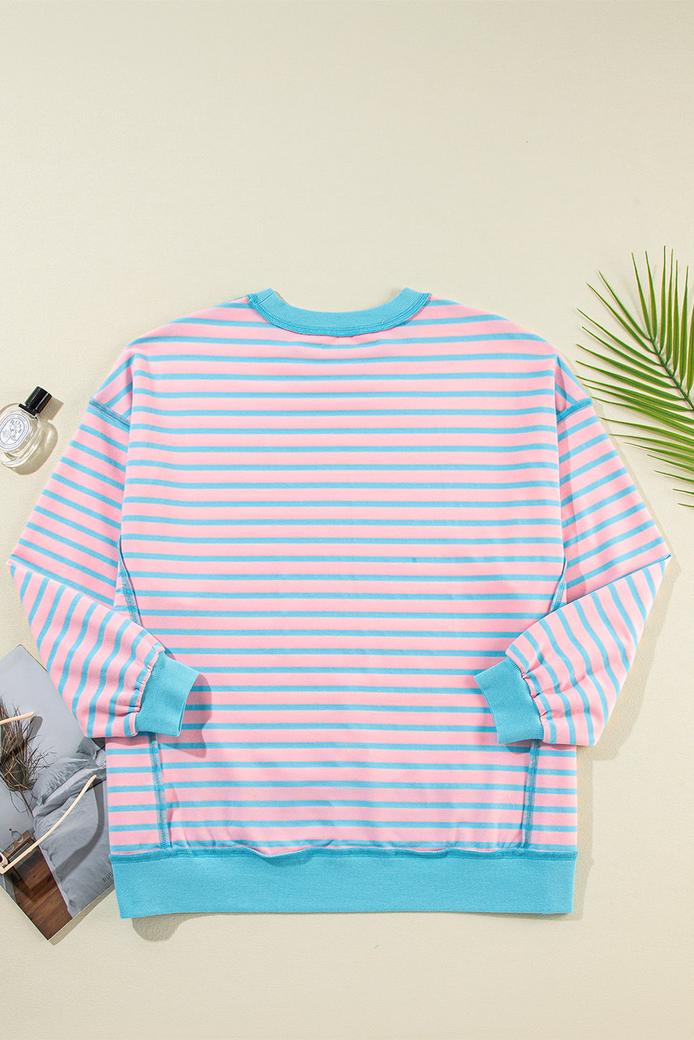 Pink Stripe Contrast Trim High Low Pullover Tunic Sweatshirt Sweatshirts & Hoodies JT's Designer Fashion