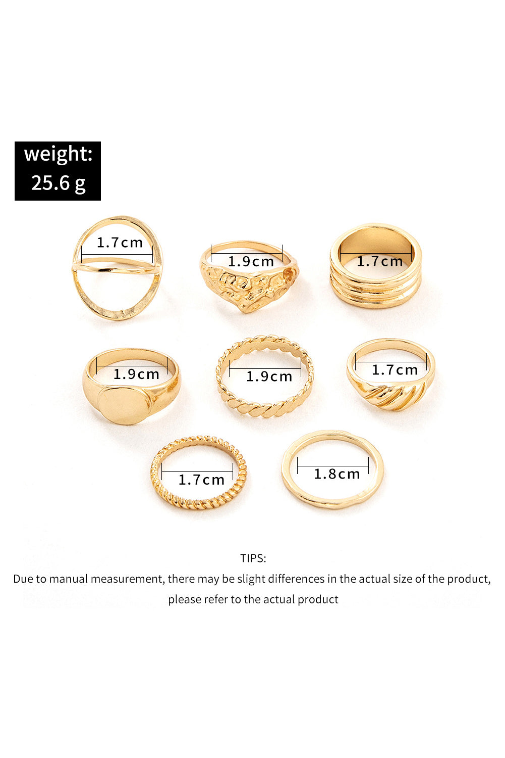 Gold 8pcs Plated Minimalism Alloy Rings Set Jewelry JT's Designer Fashion