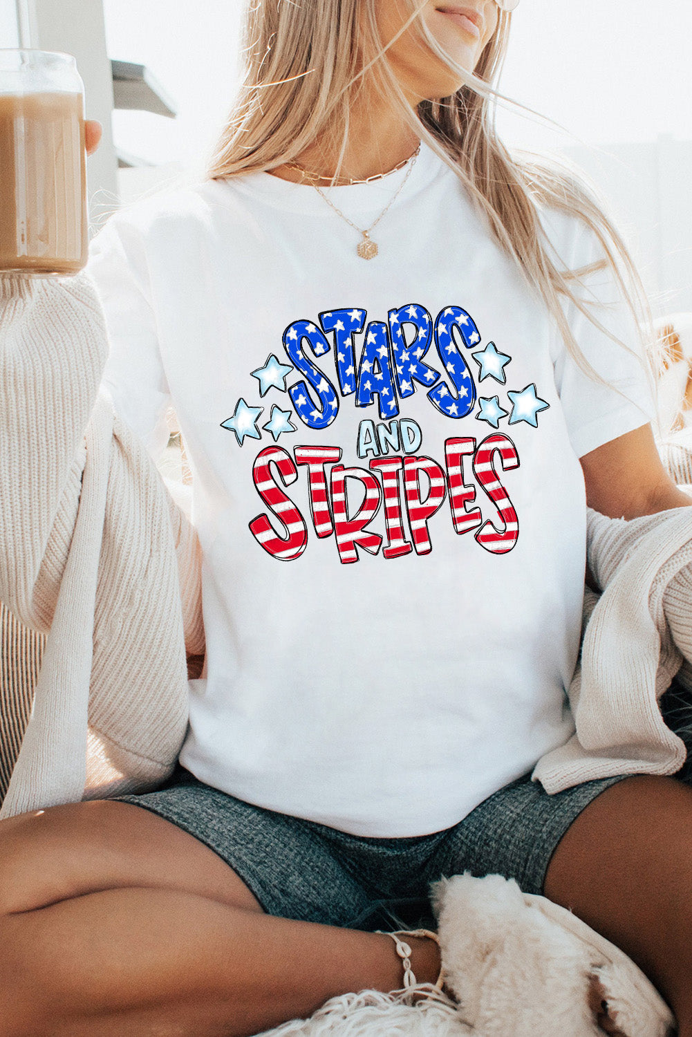 White Stars and Stripes Round Neck Graphic T Shirt Graphic Tees JT's Designer Fashion