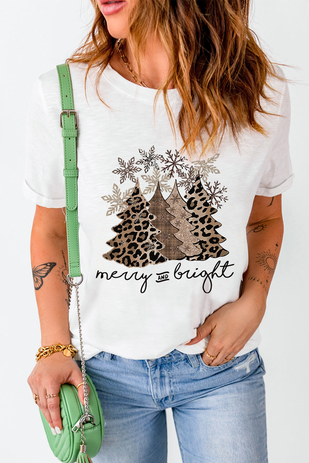 White Leopard Christmas Tree Graphic Crew Neck T Shirt Graphic Tees JT's Designer Fashion