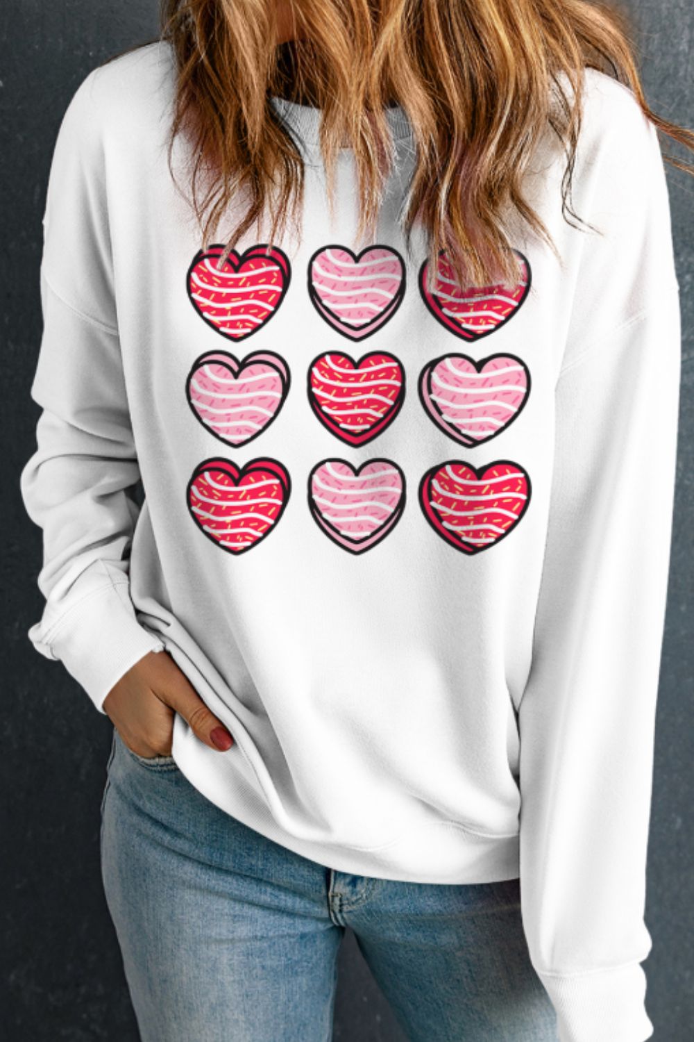 Valentine's Day Heart Round Neck Long Sleeve Sweatshirt White Long Sleeve Tops JT's Designer Fashion