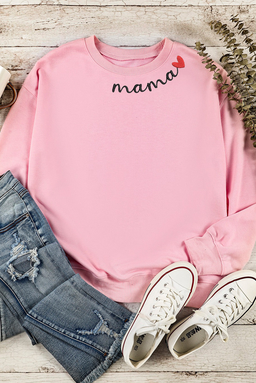 Pink mama Heart Embroidery Decor Sweatshirt Graphic Sweatshirts JT's Designer Fashion