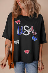 Black Sequin USA Bow Graphic Independence Day T Shirt Graphic Tees JT's Designer Fashion