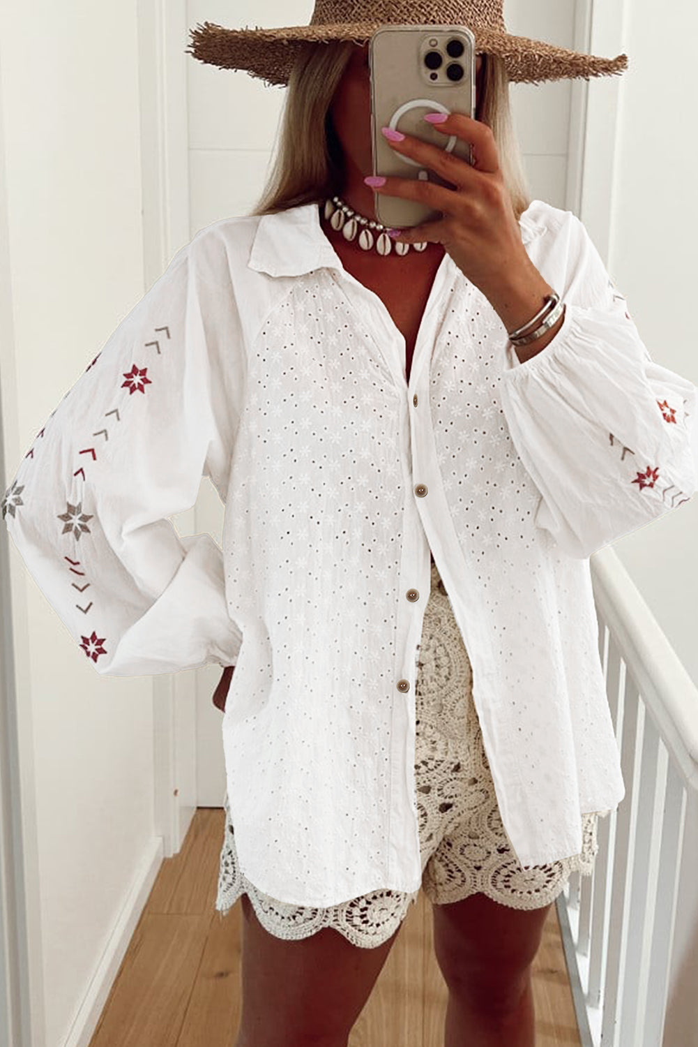 White Floral Embroidered Puff Sleeve Eyelet Patchwork Shirt Blouses & Shirts JT's Designer Fashion