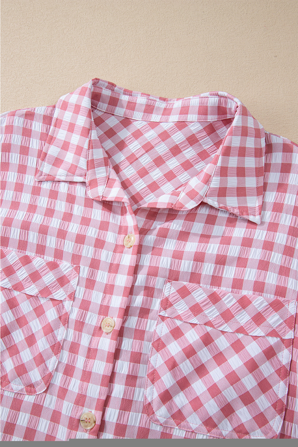 Pink Gingham Print Chest Pockets Buttoned Collared Shirt Blouses & Shirts JT's Designer Fashion