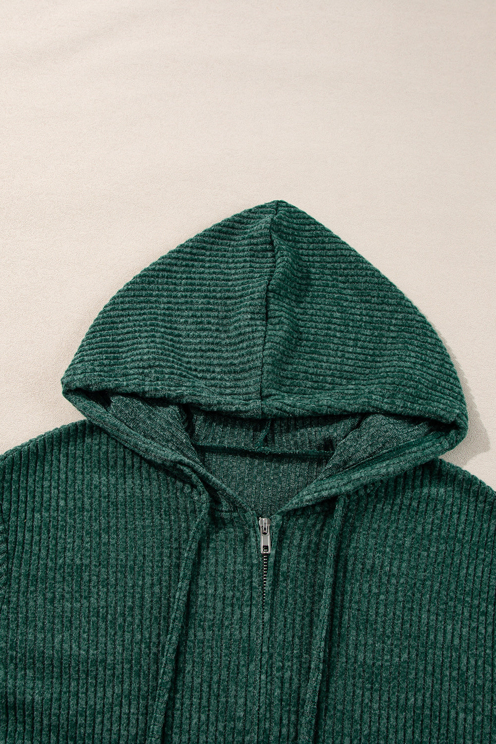 Evergreen Ribbed Zip Up Front Drawstring Hoodie Sweatshirts & Hoodies JT's Designer Fashion