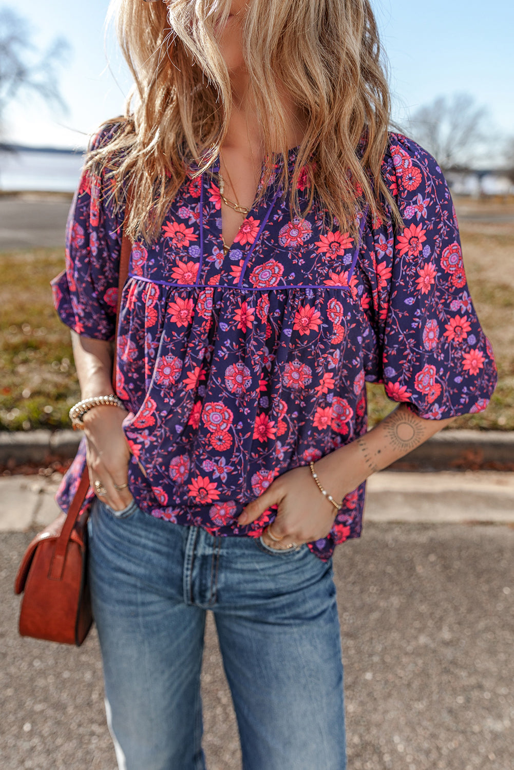 Purple Floral Half Sleeve Split Neck Blouse Top Blouses & Shirts JT's Designer Fashion