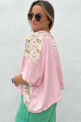 Light Pink Floral Printed Patchwork Half Button Oversize Tee Pre Order Tops JT's Designer Fashion