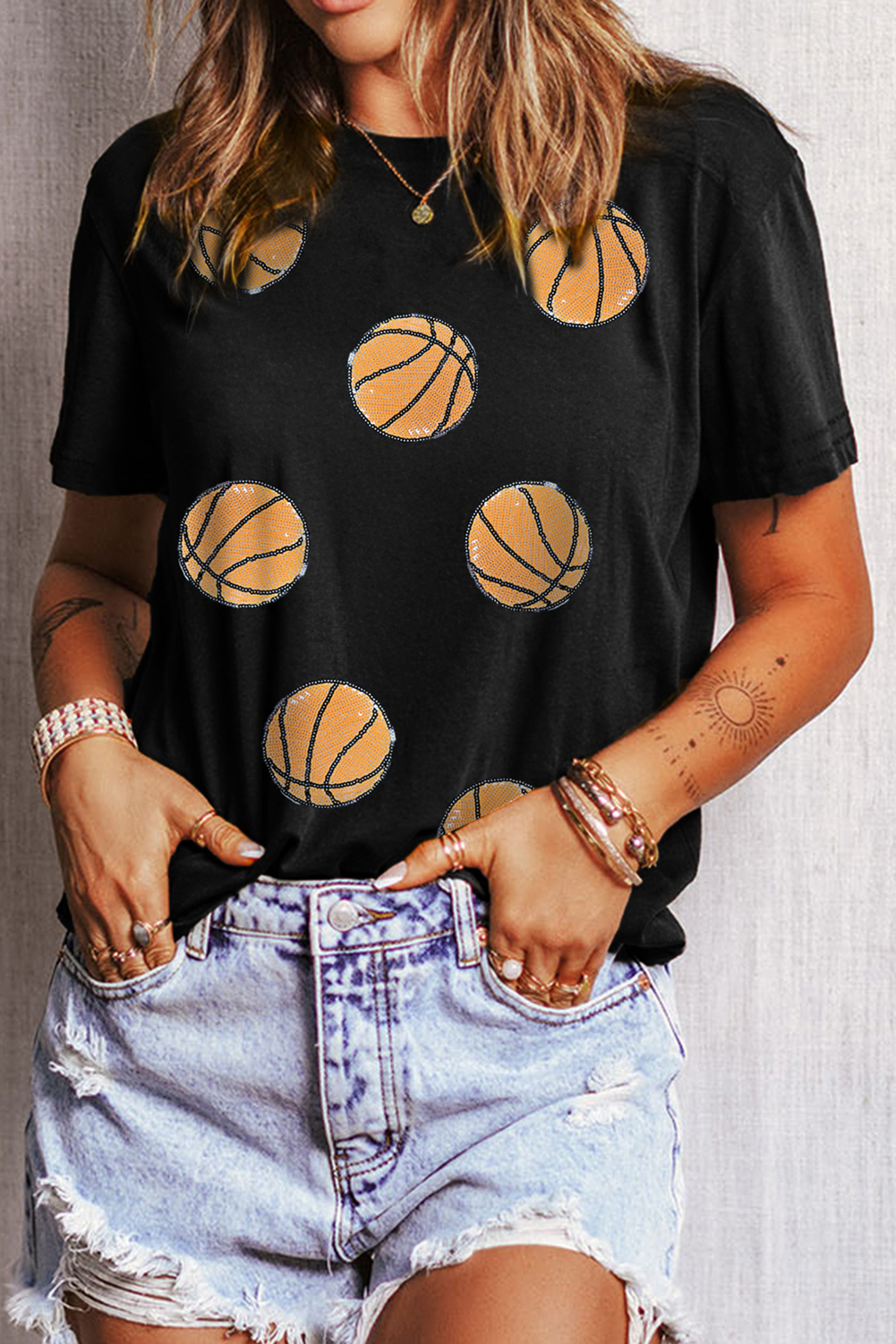 Black Sequin Basketball Graphic Crewneck Game Day T Shirt Graphic Tees JT's Designer Fashion