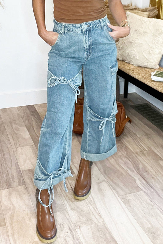 Beau Blue Bowknot Decor Boyfriend Cargo Jeans Bottoms JT's Designer Fashion