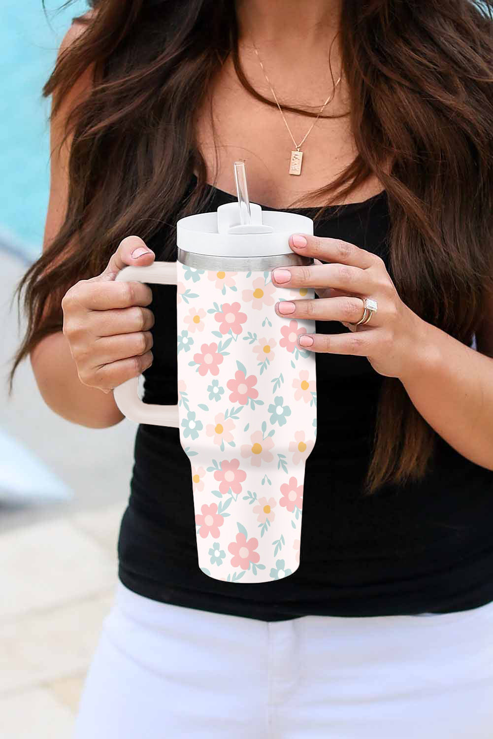 White Floral Pattern Stainless Vacuum Cup with Handle 40oz Tumblers JT's Designer Fashion