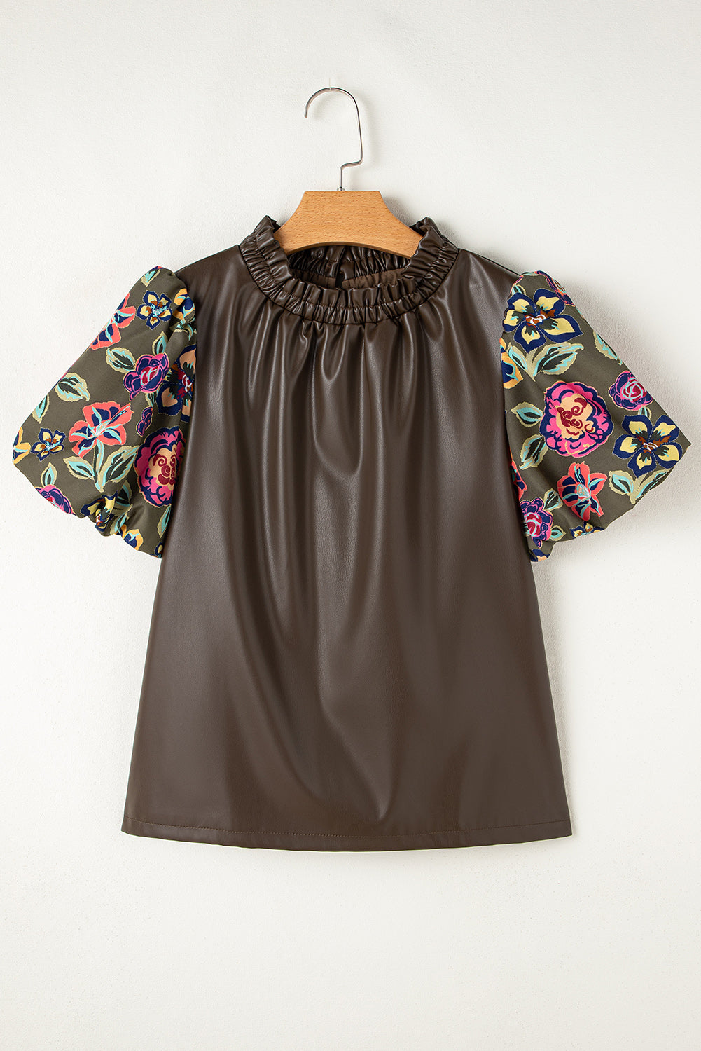 Four Leaf Clover Floral Bubble Sleeve Patchwork Leatherette Frilled Round Neck Blouse Blouses & Shirts JT's Designer Fashion