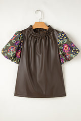 Four Leaf Clover Floral Bubble Sleeve Patchwork Leatherette Frilled Round Neck Blouse Blouses & Shirts JT's Designer Fashion