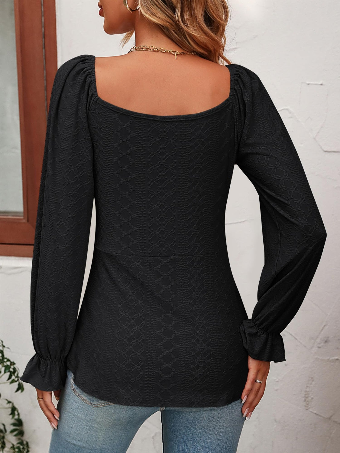 Full Size Drawstring Ruffled V-Neck Long Sleeve Blouse Black Long Sleeve Tops JT's Designer Fashion