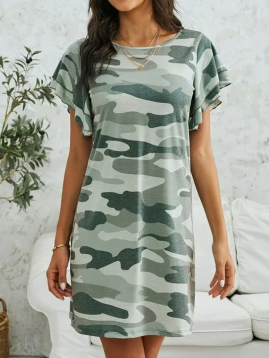 Camouflage Round Neck Short Sleeve Mini Dress Green Camouflage Mini Dresses JT's Designer Fashion