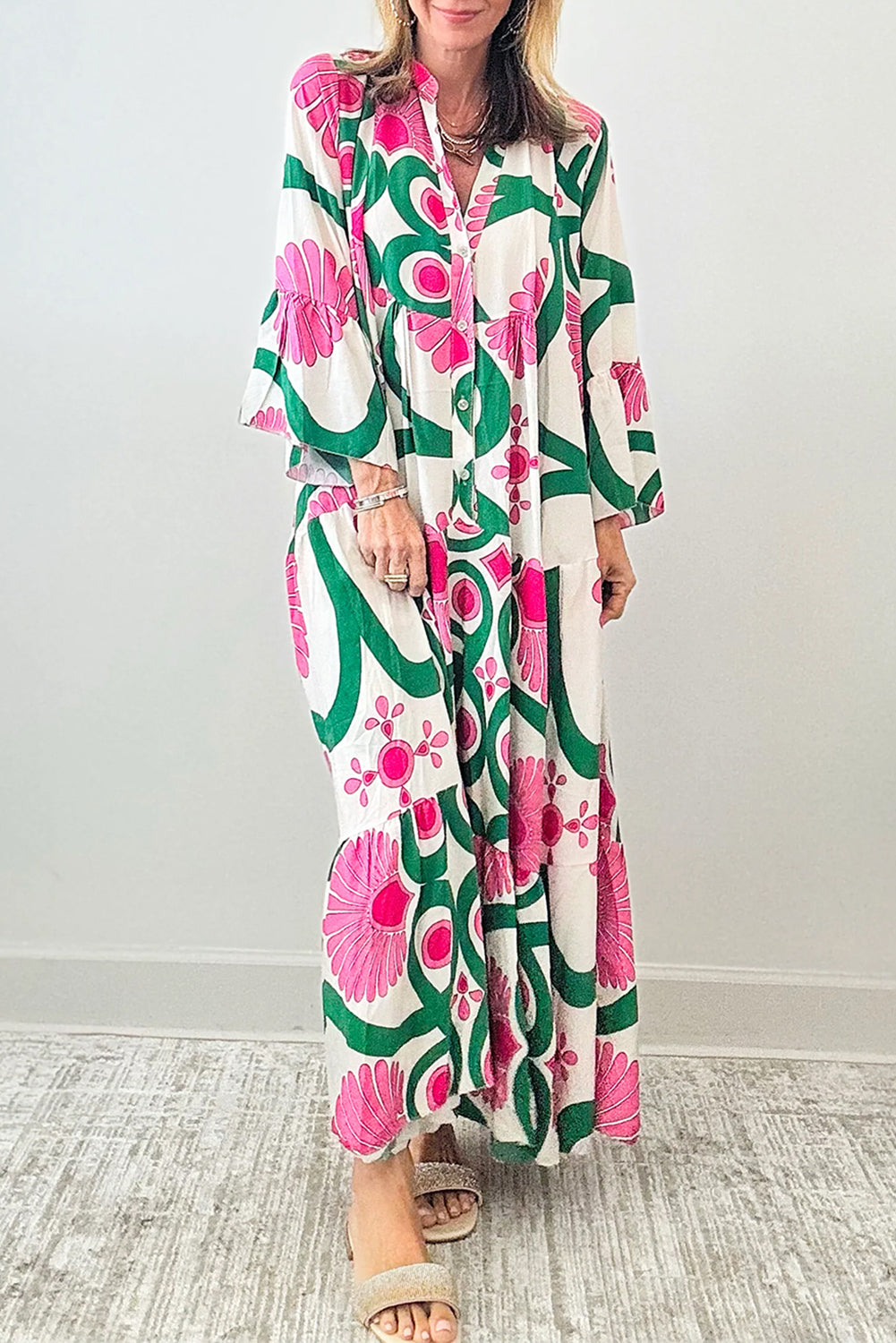 Pink Boho Floral Printed Long Sleeve Buttoned Loose Maxi Dress Pink 100%Polyester Maxi Dresses JT's Designer Fashion