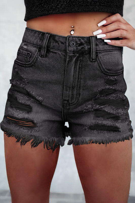 Black Light Wash Raw Hem Frayed Straight Leg Denim Shorts Pre Order Bottoms JT's Designer Fashion