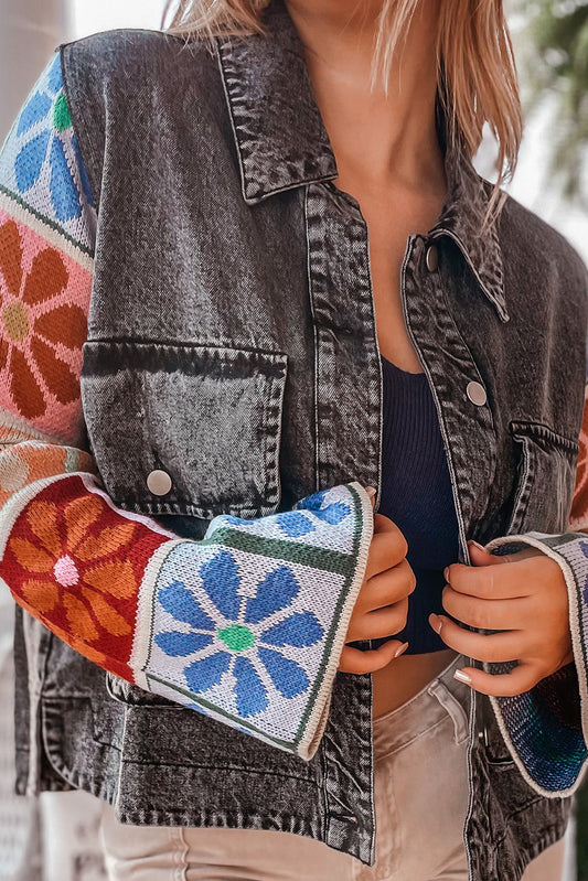 Carbon Grey Floral Patchwork Sleeve Mineral Wash Short Denim Jacket Outerwear JT's Designer Fashion