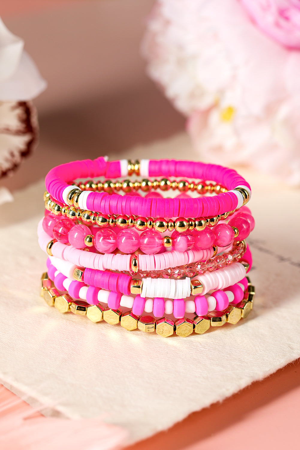 Sachet Pink 8pcs Valentine Vibe Beaded Elastic Bracelet Set Jewelry JT's Designer Fashion