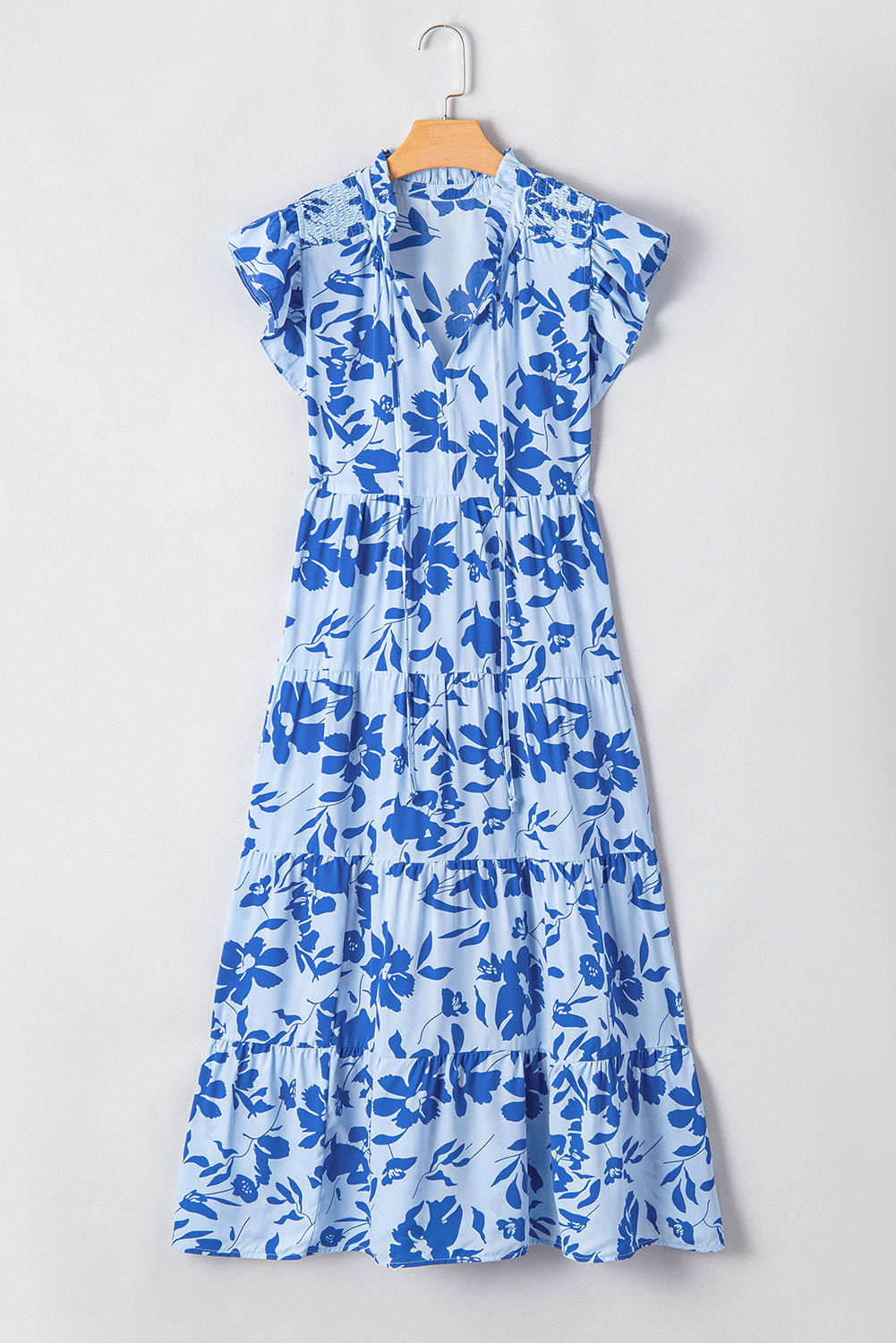 Sky Blue Floral Print Tiered Frilled Trim Flutter Sleeve Maxi Dress Floral Dresses JT's Designer Fashion