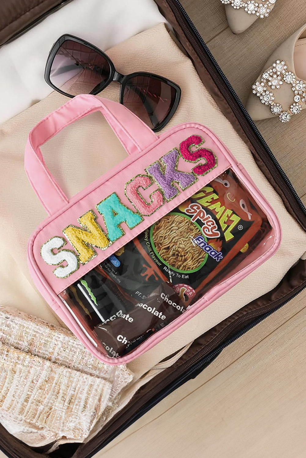 Pink SNACKS Clear PVC Double Layered Portable Bag Makeup Bags JT's Designer Fashion