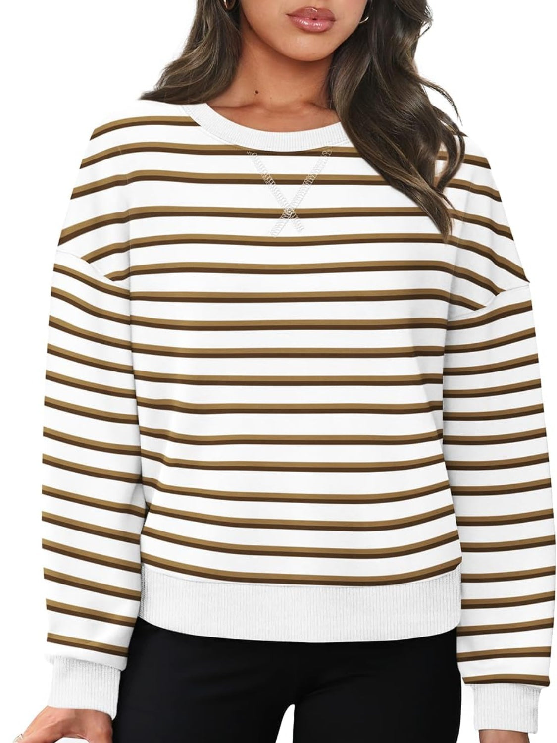 Striped Round Neck Long Sleeve Sweatshirt Long Sleeve Tops JT's Designer Fashion