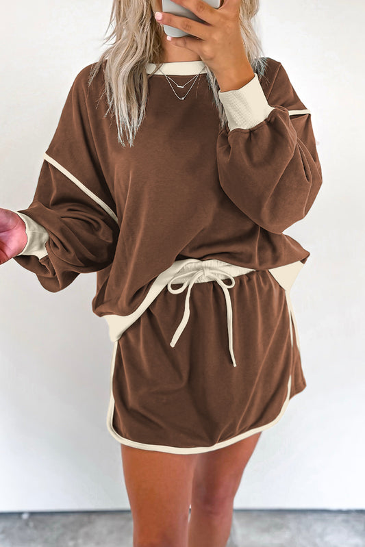 Coffee Color Contrast Loose Pullover and Lace-up Waist Skort Set Two Piece Dresses JT's Designer Fashion