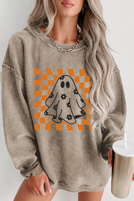 Khaki Checkerboard Floral Ghost Graphic Corded Halloween Sweatshirt Khaki 100%Polyester Graphic Sweatshirts JT's Designer Fashion