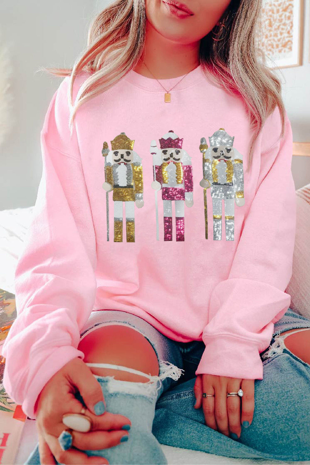 Pink Christmas Nutcracker Patched Drop Shoulder Sweatshirt Pink 50%Polyester+50%Cotton Graphic Sweatshirts JT's Designer Fashion