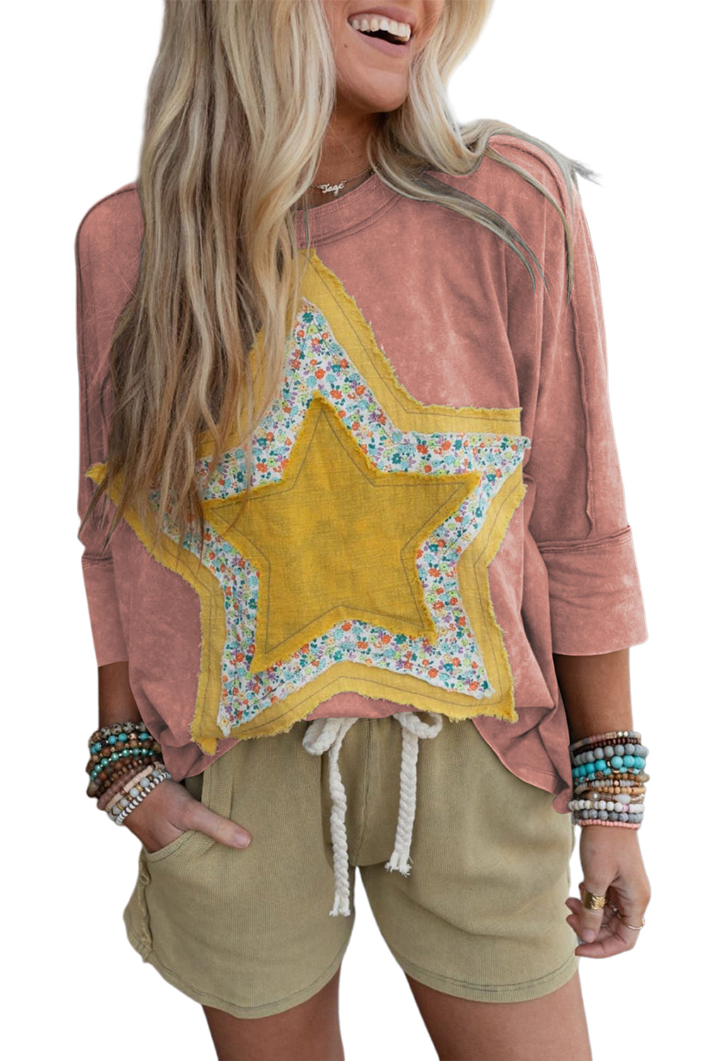 Rose Tan Floral Starbust Exposed Seam Mineral Wash Top Long Sleeve Tops JT's Designer Fashion