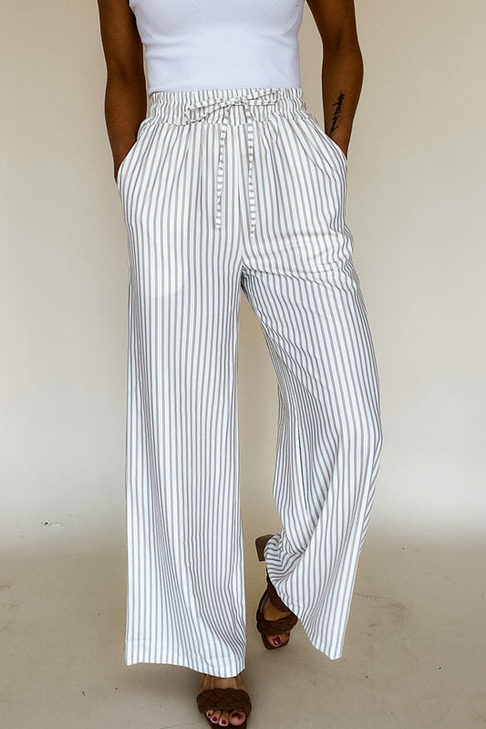 Khaki Stripe Lace-up Waist Wide Leg Causal Pants Bottoms JT's Designer Fashion