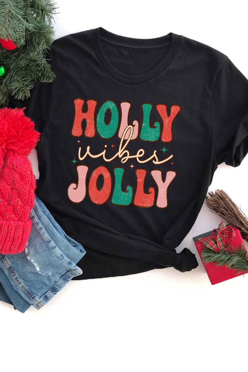 Black HOLLY JOLLY Vibes Christmas Crew Neck T Shirt Graphic Tees JT's Designer Fashion