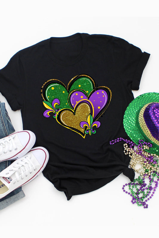 Black Fleur de Lis Heart Printed Mardi Gras T Shirt Graphic Tees JT's Designer Fashion