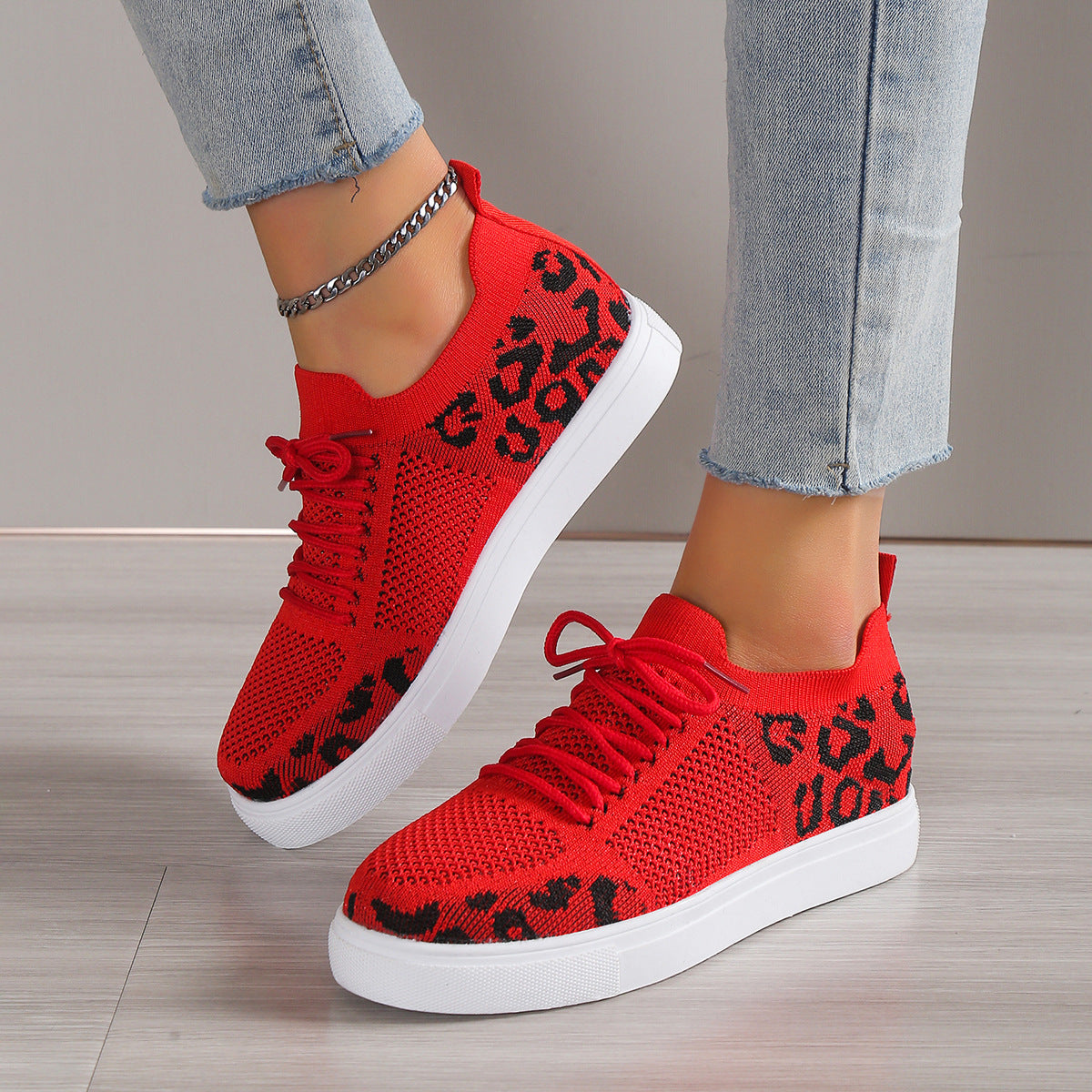 Lace-Up Leopard Flat Sneakers Red Shoes JT's Designer Fashion