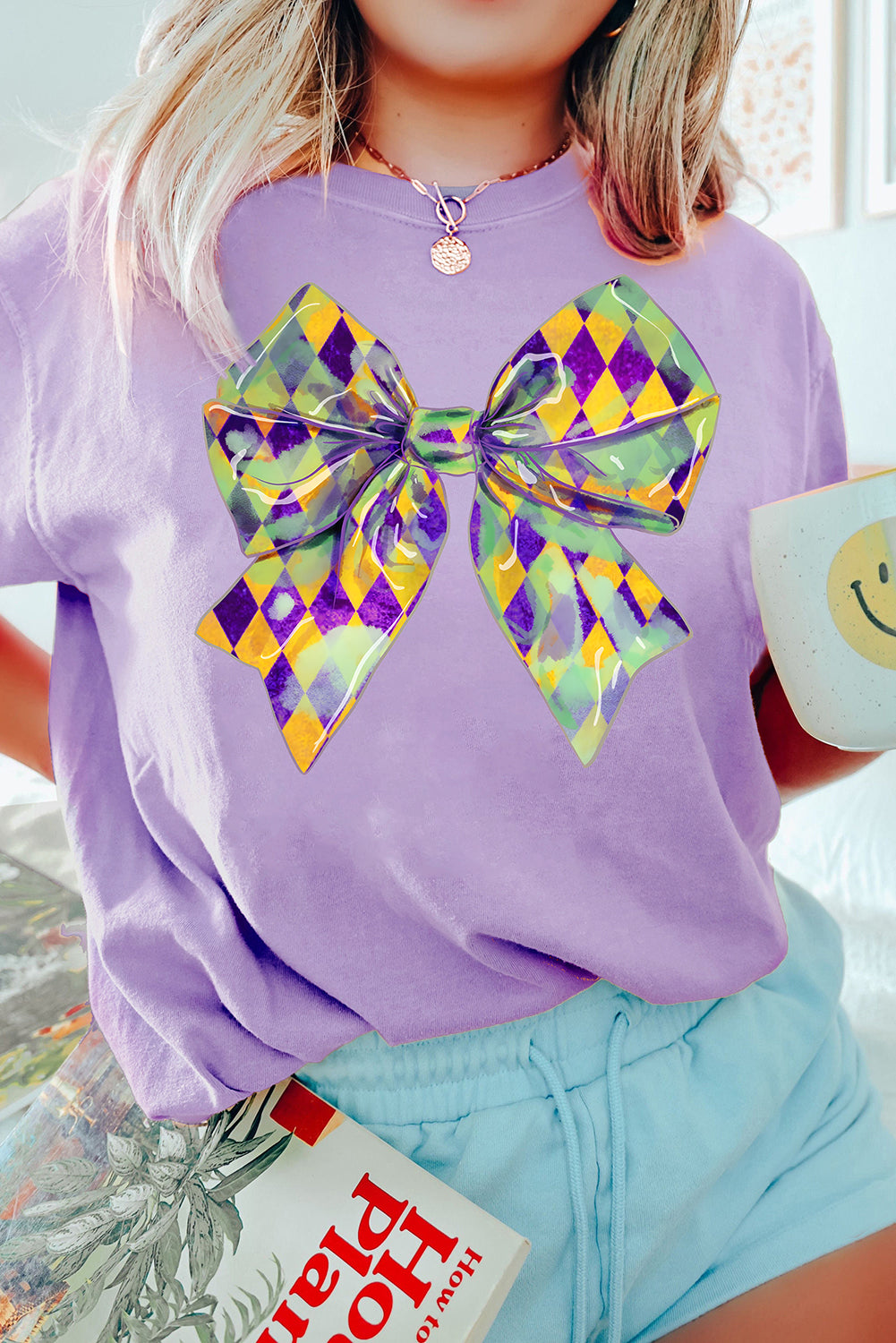 Wisteria Mardi Gras Bowknot Pattern Crew Neck T Shirt Graphic Tees JT's Designer Fashion