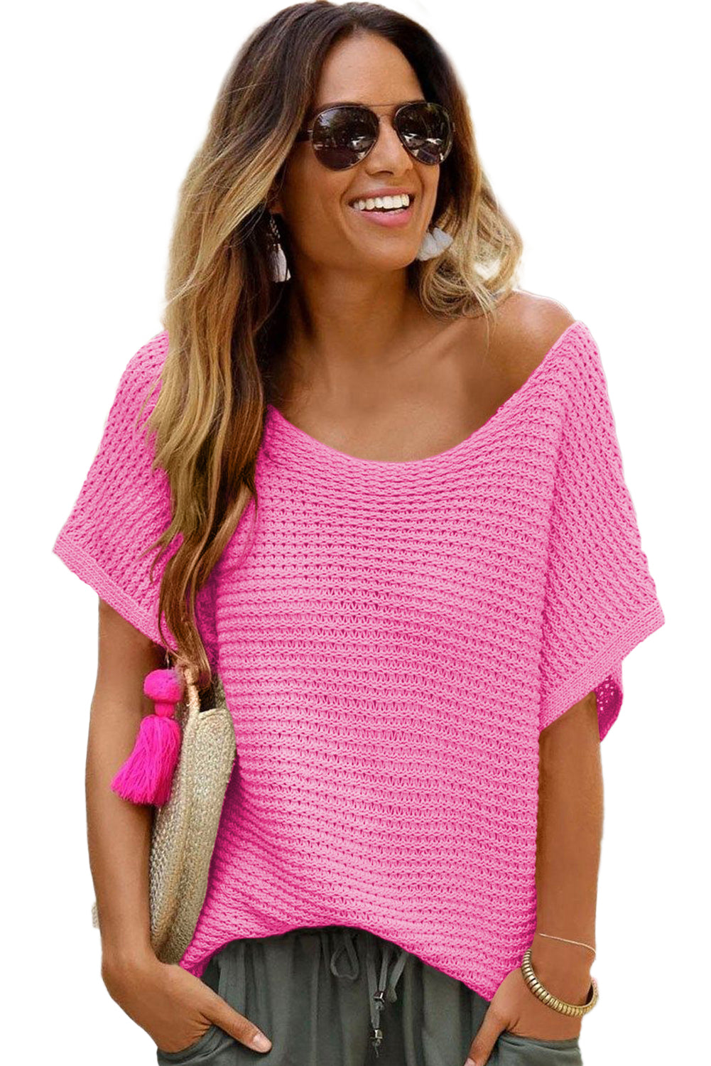 Pink Solid Loose Knit Short Dolman Sleeve Sweater Pre Order Sweaters & Cardigans JT's Designer Fashion