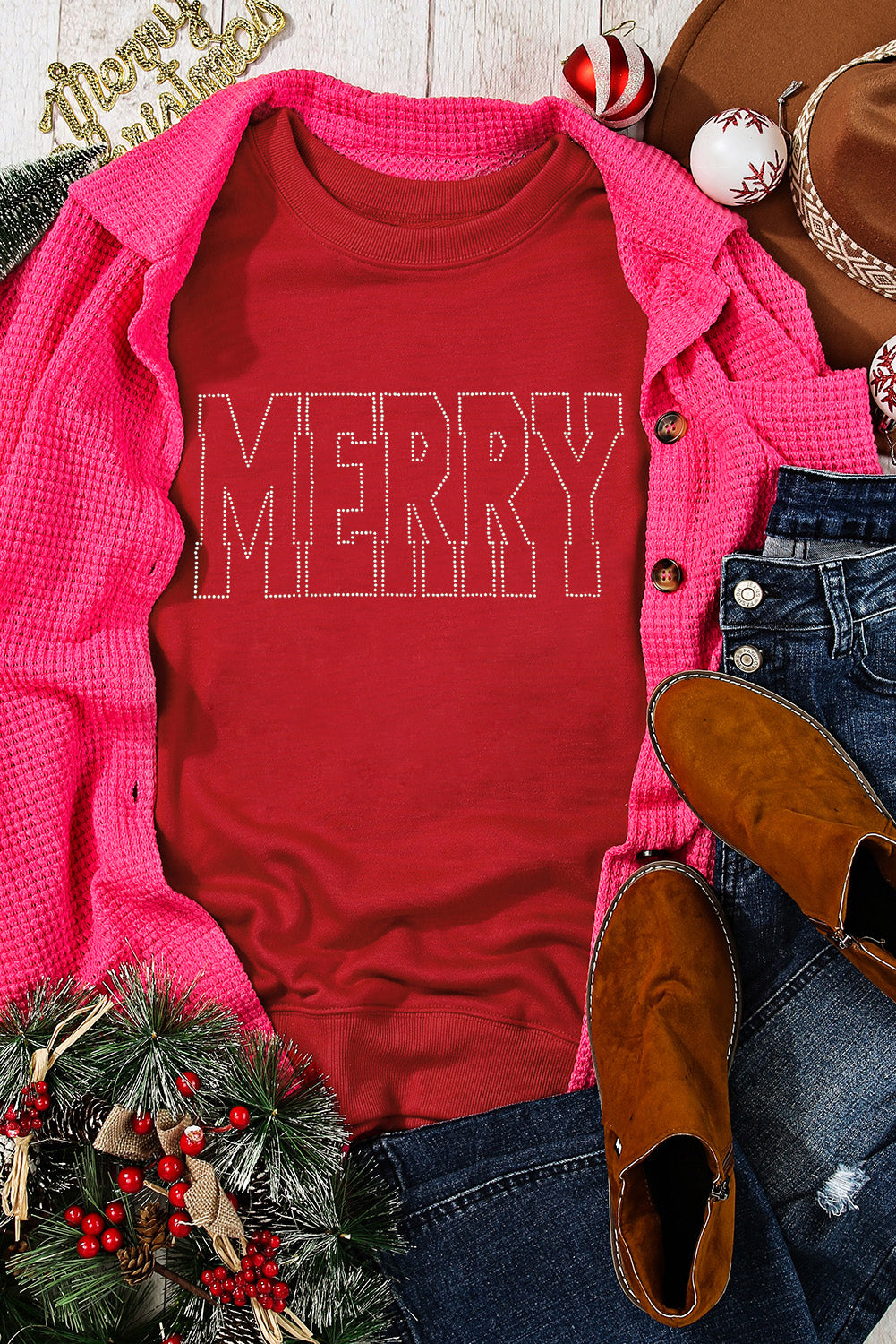 Red Rhinestone MERRY Letter Graphic Christmas Fashion Sweatshirt Graphic Sweatshirts JT's Designer Fashion