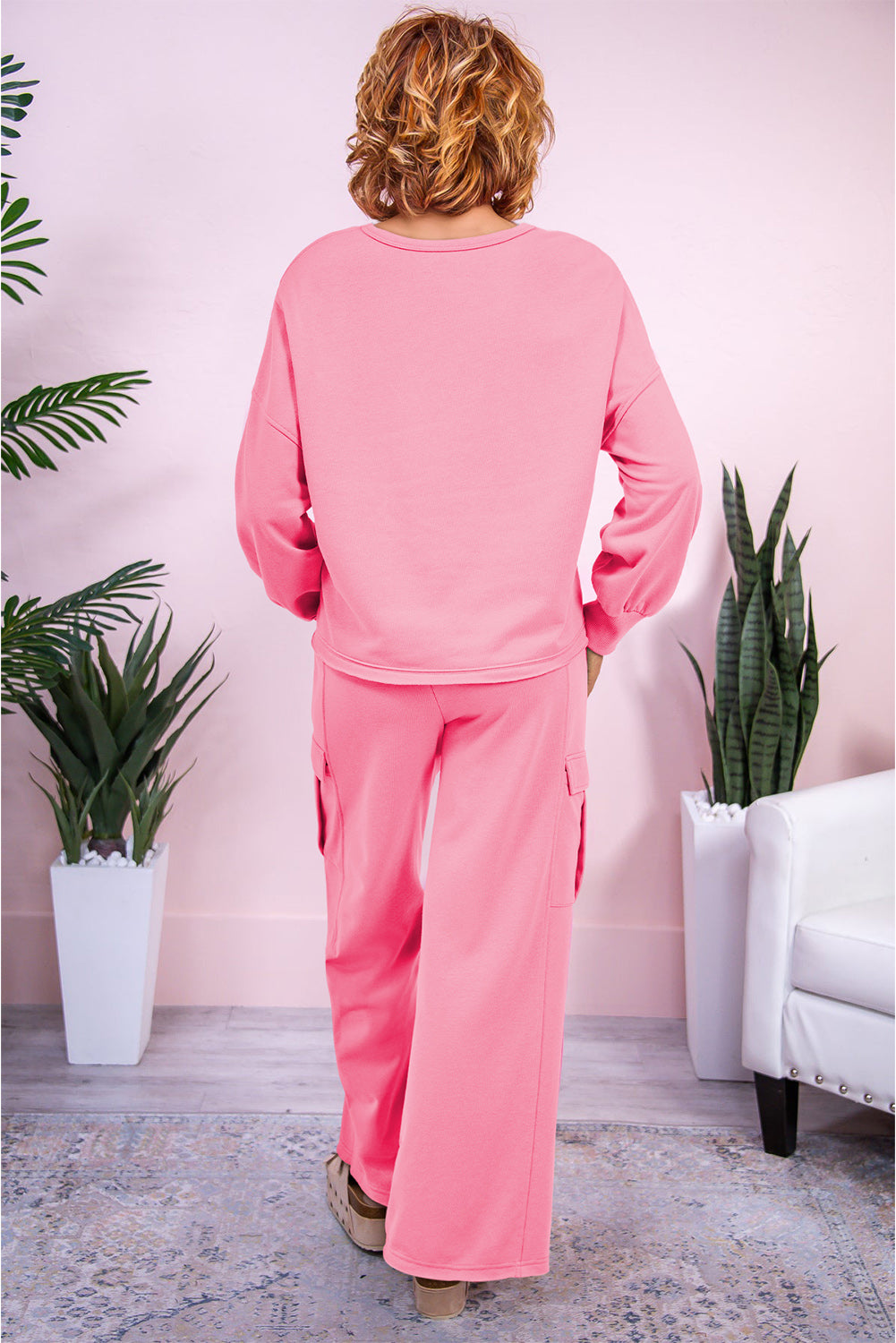 Sachet Pink Solid Color Patchwork Pullover Top and Cargo Pants Set Pant Sets JT's Designer Fashion