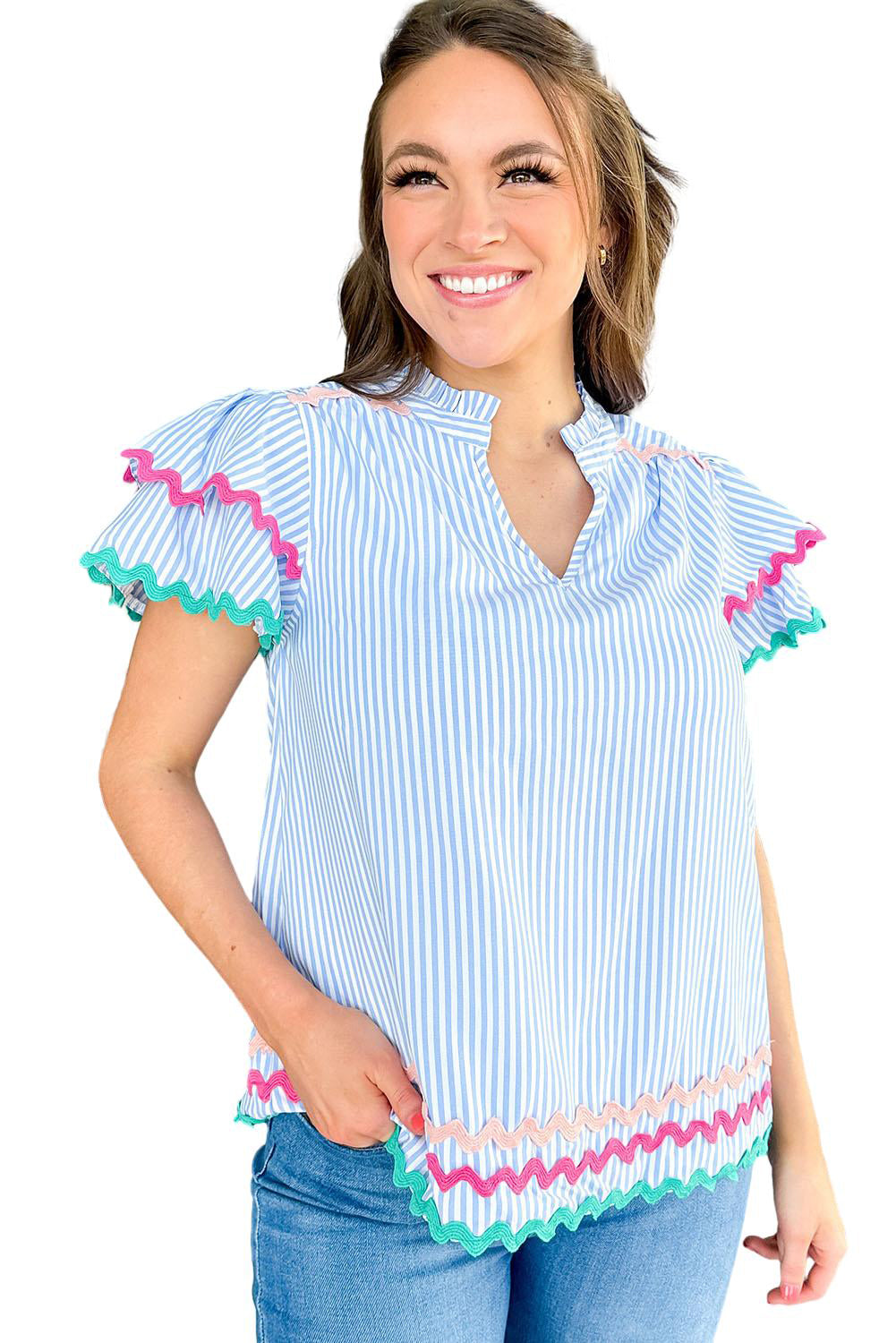 Sky Blue Stripe Ricrac Trim Split Neck Ruffled Sleeve Top Tops & Tees JT's Designer Fashion