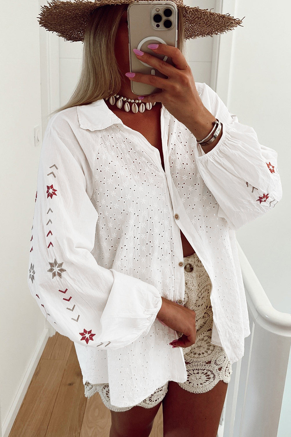 White Floral Embroidered Puff Sleeve Eyelet Patchwork Shirt Blouses & Shirts JT's Designer Fashion