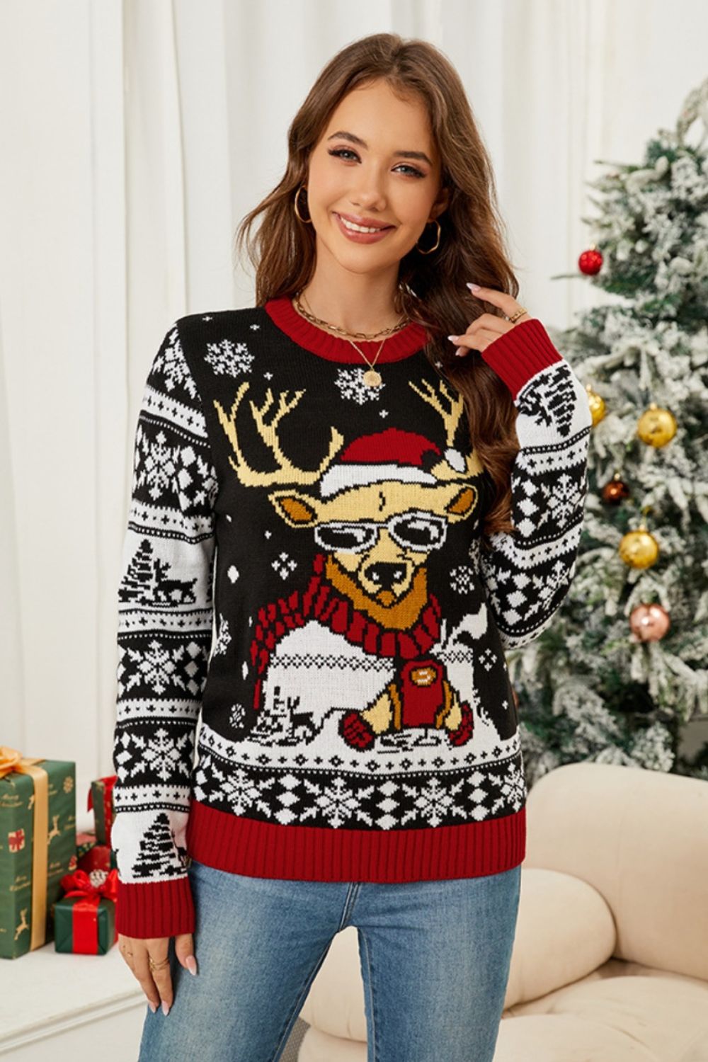 Christmas Pattern Round Neck Long Sleeve Sweater Black Long Sleeve Tops JT's Designer Fashion