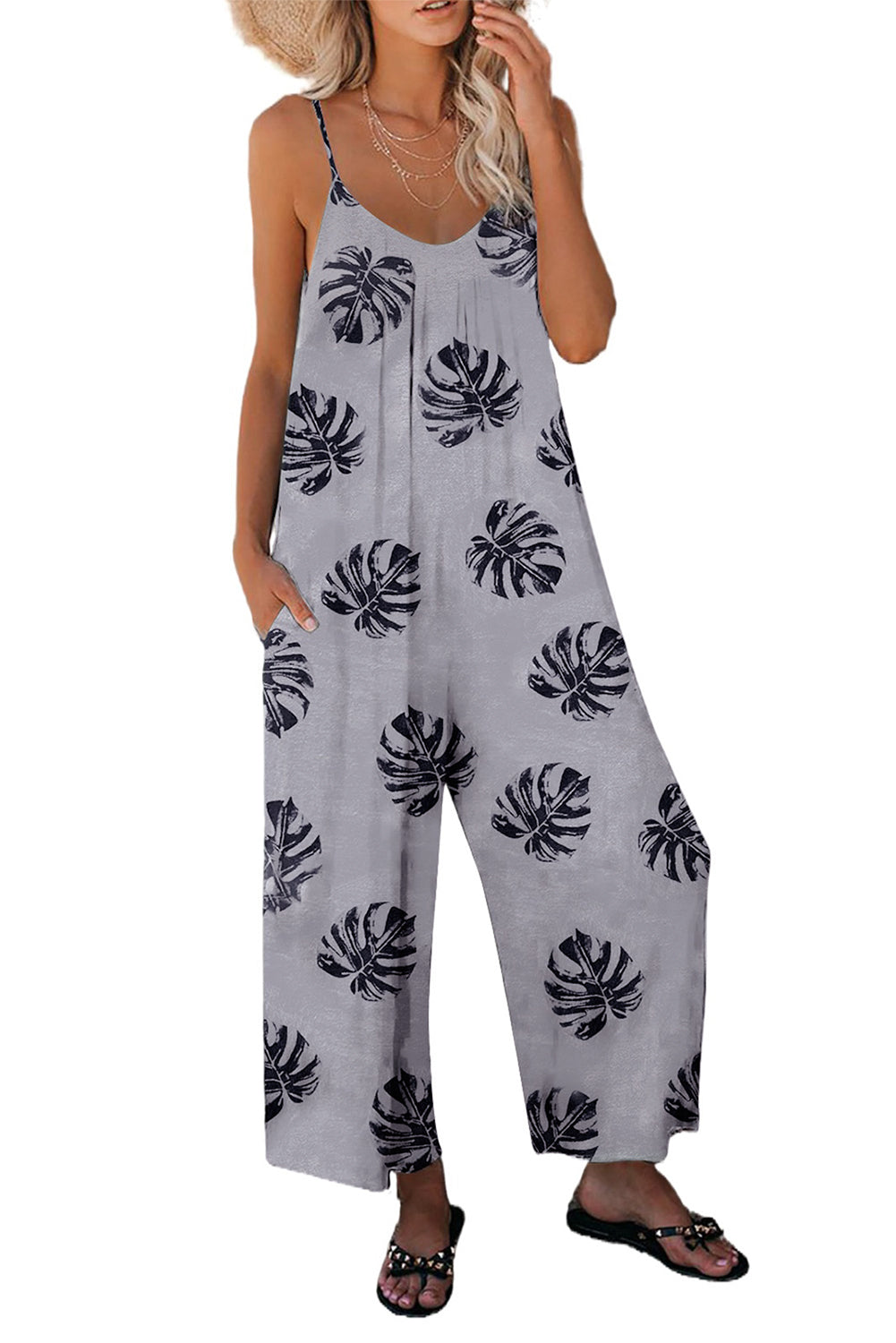 Gray Palm Leaves Print Spaghetti Strap Wide Leg jumpsuit Jumpsuits & Rompers JT's Designer Fashion